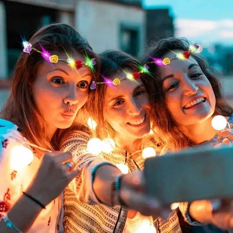 60Pcs Flower Wreath Luminous 10-LED Headpiece Garland Crown Flower Headband Glowing Wreath For Wedding Party Christmas Garlan W250528