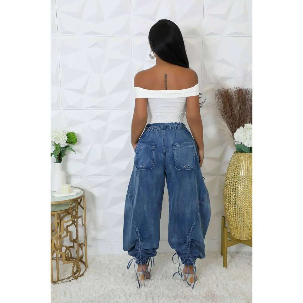 Women Streetwear Drawstring Fashion Fly Denim Pants 2024 Autumn Loose Safari Style Cargo Harem Hip Hop Jeans