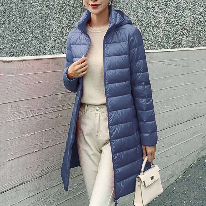 Winter Women Slim Down Coats Remove Hooded Parka Solid Color Female Long Light Thin Outerwear Lady Fashion Warm Puffer Jackets
