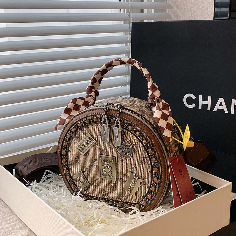 Luxury Brand Designer Bag Cross-Border Retro Texture Round Cake Bag For Women Spring 2025 New Fashion Badge Scarf Handbag Versatile Crossbody Bag