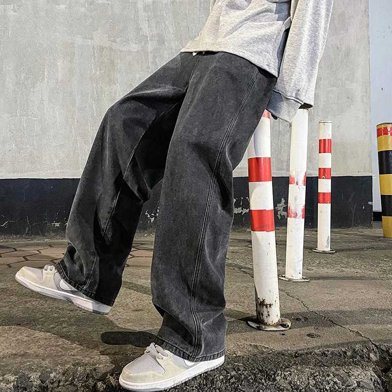 Brand Mens Jeans Korean Version dent Casual Pants High Strt Straight Loose Wide Leg Jeans Black Grey Blue Baggy JeansC250528