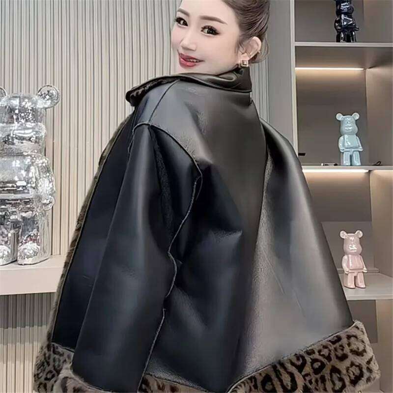 Faux Mink Fur Coat for Women, Double Breasted PU Jacket,Leopard Print Overcoat, Designer Female Clothes,Spliced,New, Winte