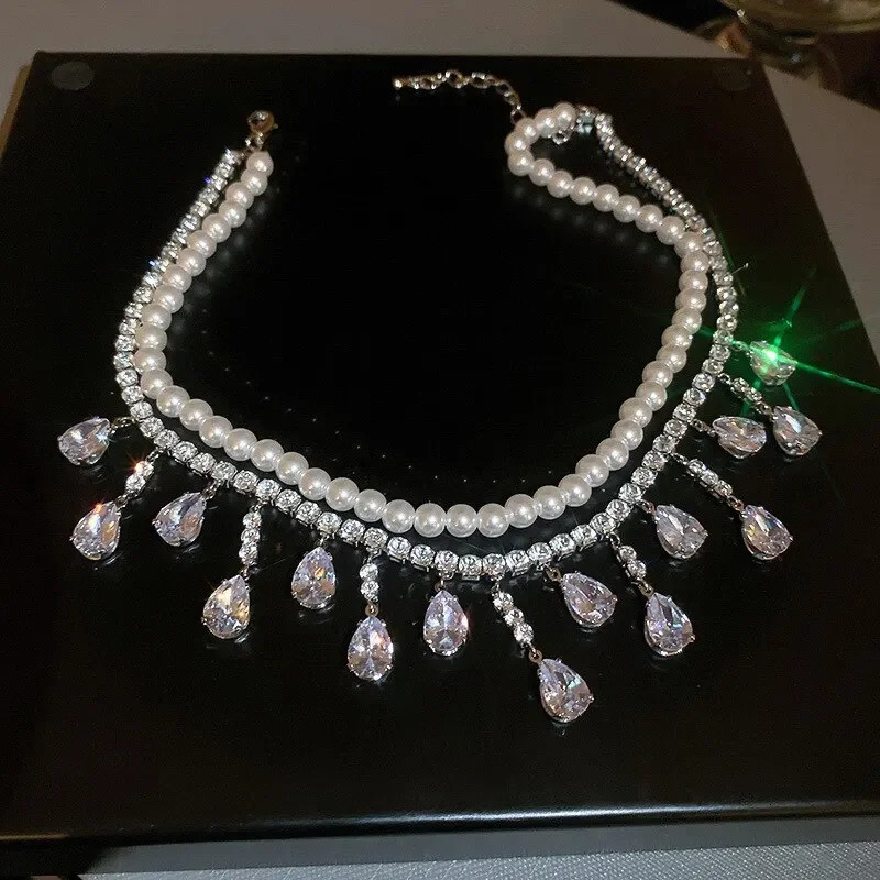 Rhinestone Crystal Chokers Necklaces For Women Multilayer Pearl Chain Necklace for Party Jewelry Accssory Gifts 250522