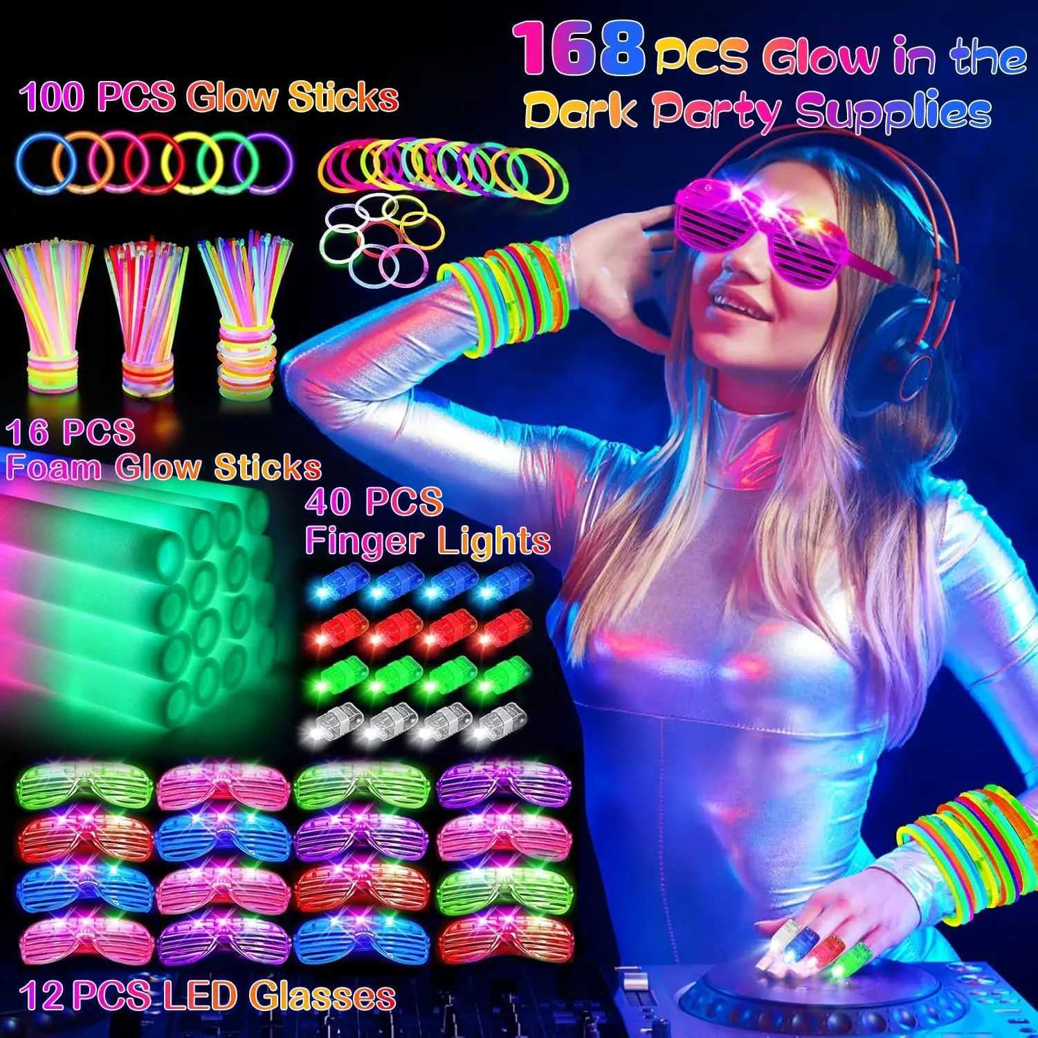 168 Pcs Neon Party Supplies 12 LED Glasses 16 Foam Sticks 40 Finger Lights 100 Glow Sticks for Birthdays Weddings Raves W250528