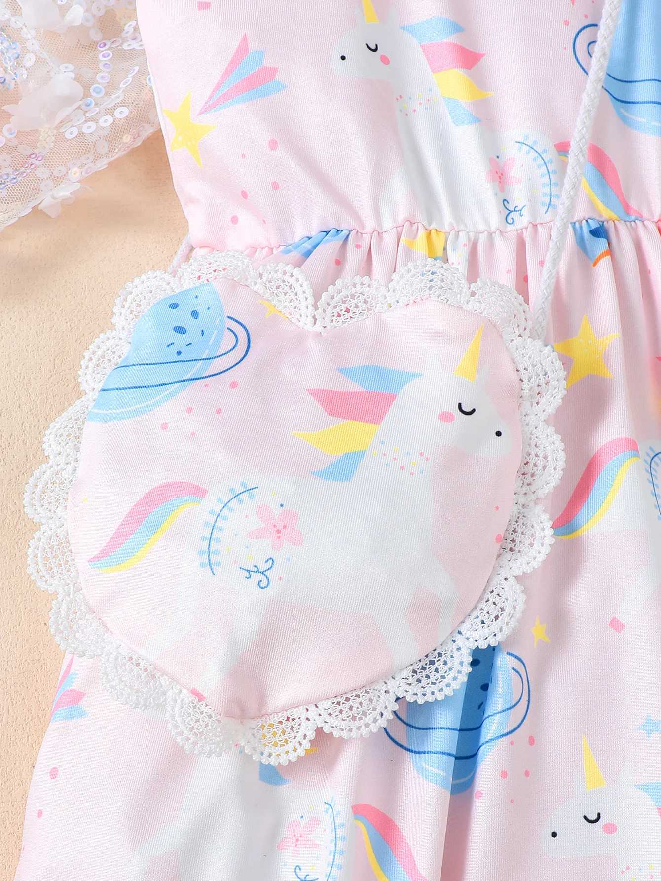 4-7 Year old Girls Summer Camisole Dress with Pink Print Fashion dress+love Bag 2Pcs Little girl Dress X250528