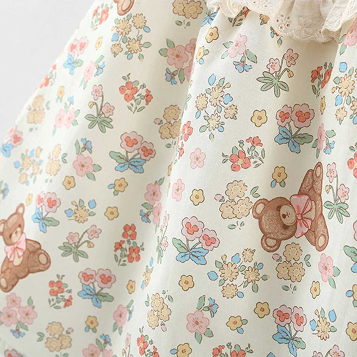 Summer Baby Girls New Dress Is A Teddy Bear Floral Lace Embroidered Cotton Dress Suitable for Babies Aged 0-4 X250528