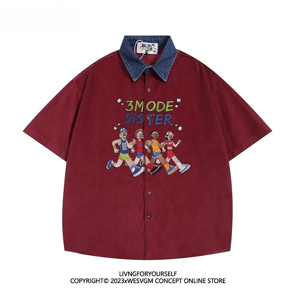 Summer American Retro Athlete Embroidered Spliced denim Neck Short-sleeved Shirt Men Women Loose Trendy Tops Aesthetic Chic 250527