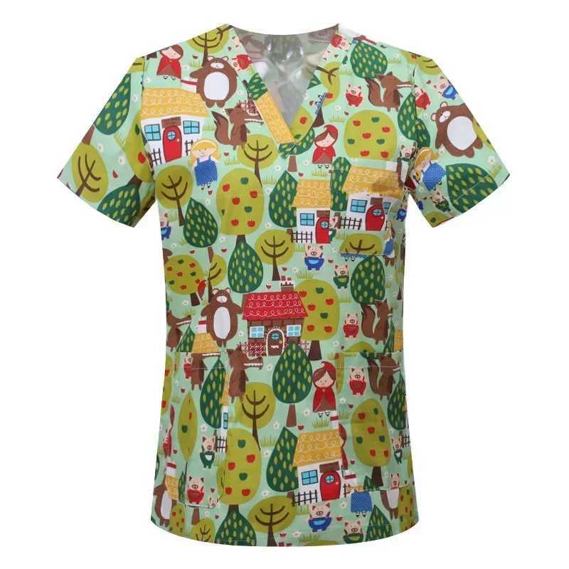 Nurse Uniforms Women Print Short Slve V-neck Scrubs Working Medical Blouse Overalls Uniforms Medical Nursing Spa Pet Dentistry X250528