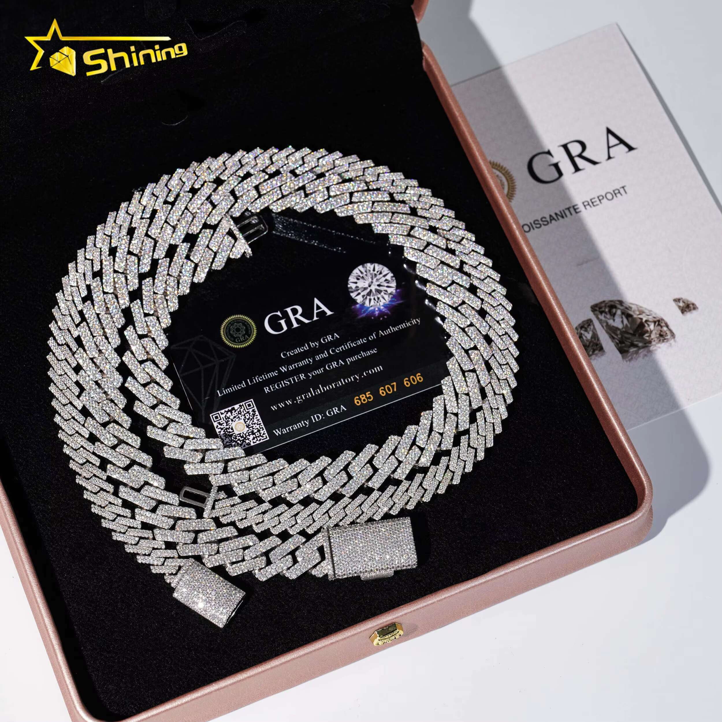 Iced Out Hip Hop Moissanite Miami Cuban Chain Necklace 10mm 15mm 925 Sterling Silver Mossanite Cuban Link Chain