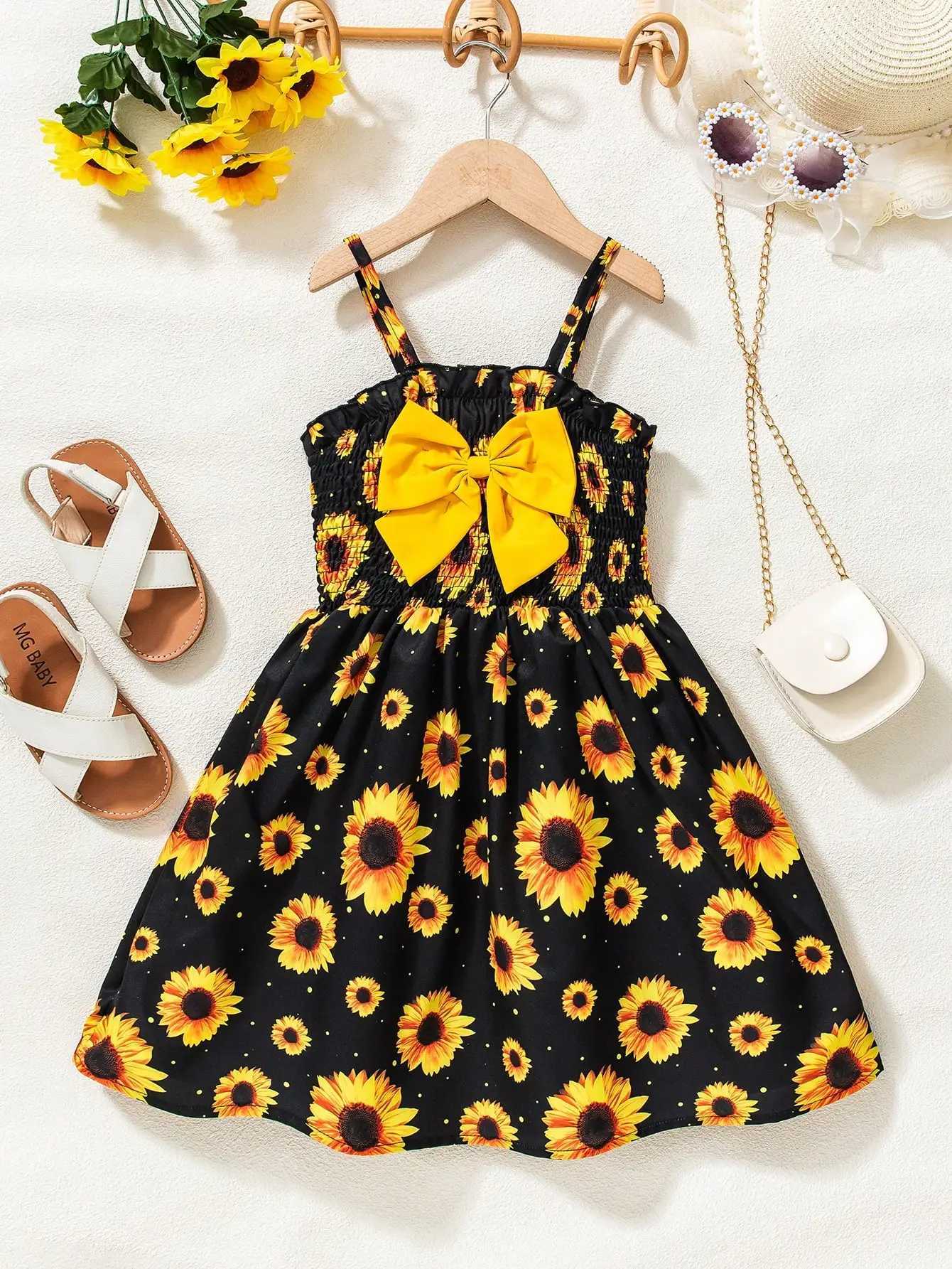 Girls Sunflower Ruffle Dress - Sleeveless Beach Dress with Waist Bow Summer Vacation Outfit for 4-7Y X250528