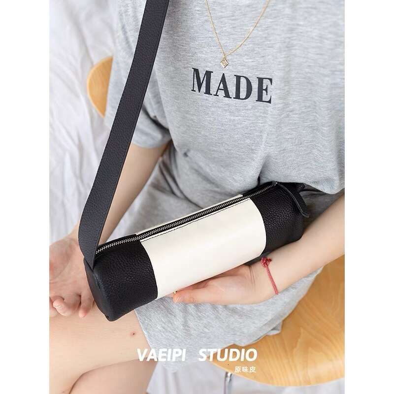 Niche Design Cylinder for Women 2024 New Genuine Leather Simple Shoulder Bag Color Block Fashion Top Layer Cowhide Crossbody
