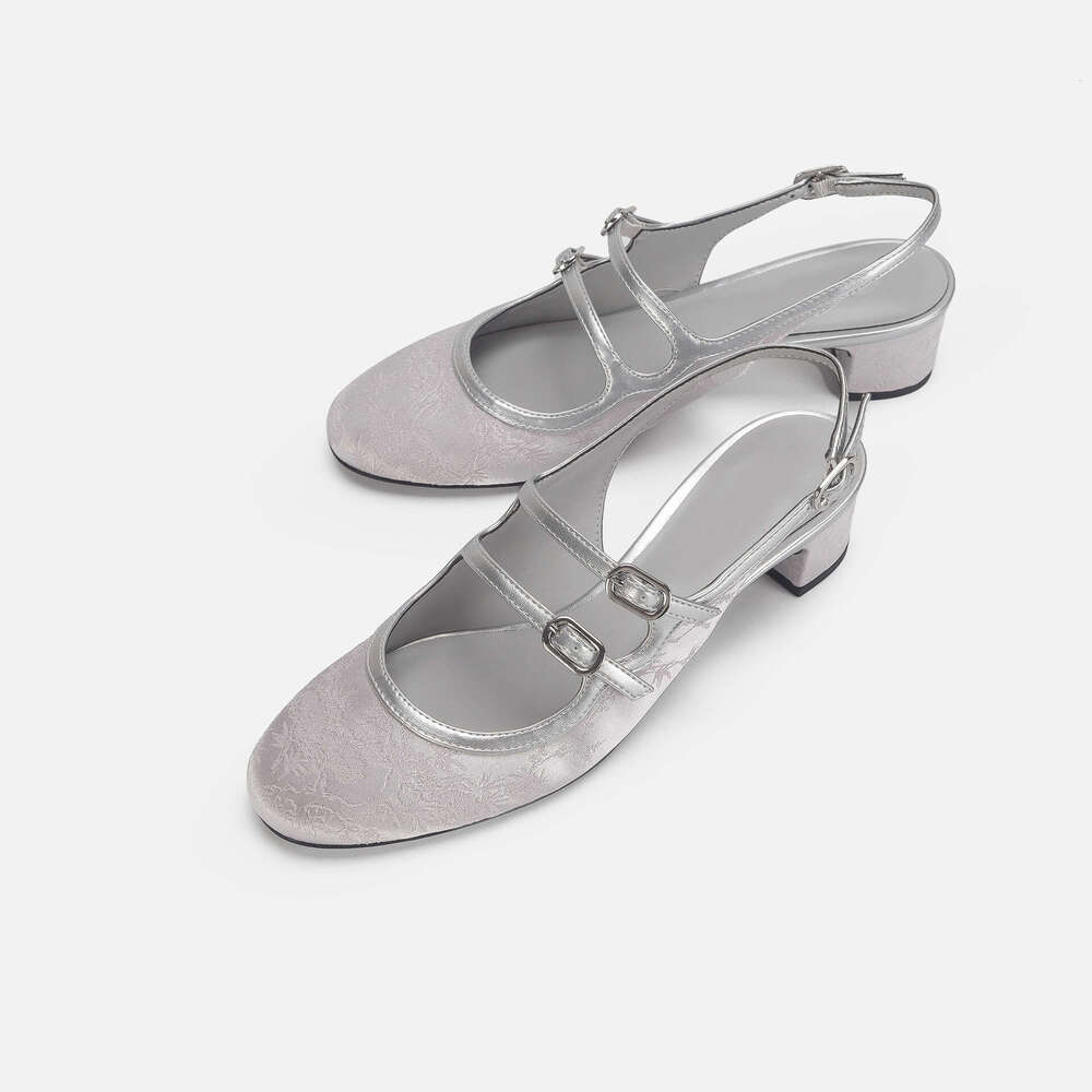 French Style Niche Chunky Sandals for Women 2024 Spring New Mid Heel Open Back Embroidered Double Strap Mary Jane Shoes
