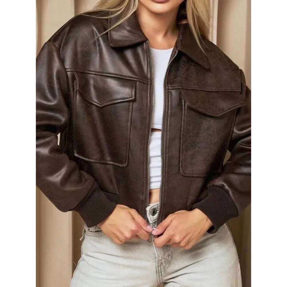 Autumn and Winter New Lapel Pocket Decoration Loose Faux Leather Bomber Jacket Short Coat Women
