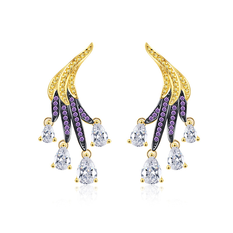 925 Sterling Silver Gold Wing Stud Earrings, Pear-Shaped Diamond Design, Elegant Versatile High-End Jewelry, Fashion Earrings