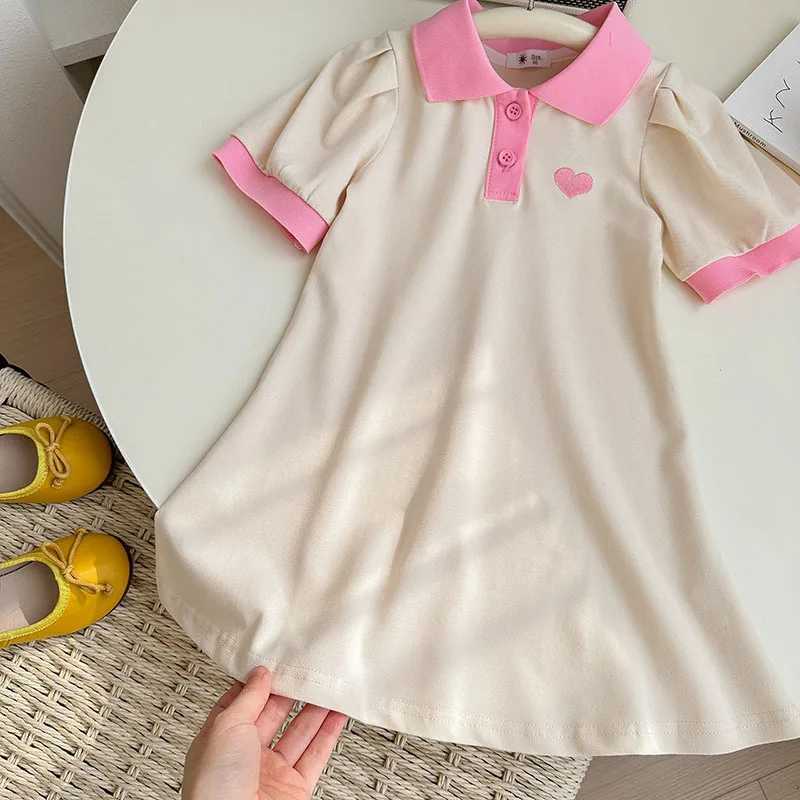 Casual Polo Dress for Kids Girl Summer Sweet Puff Sleeve A-line Fashion Embroidery Heart Pink White Fashion Outfits Girl Clothes X250528
