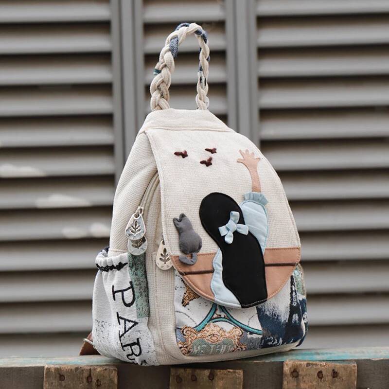 Fashion 3D National Embroidery Women High Quality Linen Female Daypack Lovely Girls Shopping Travel Backpack SAC