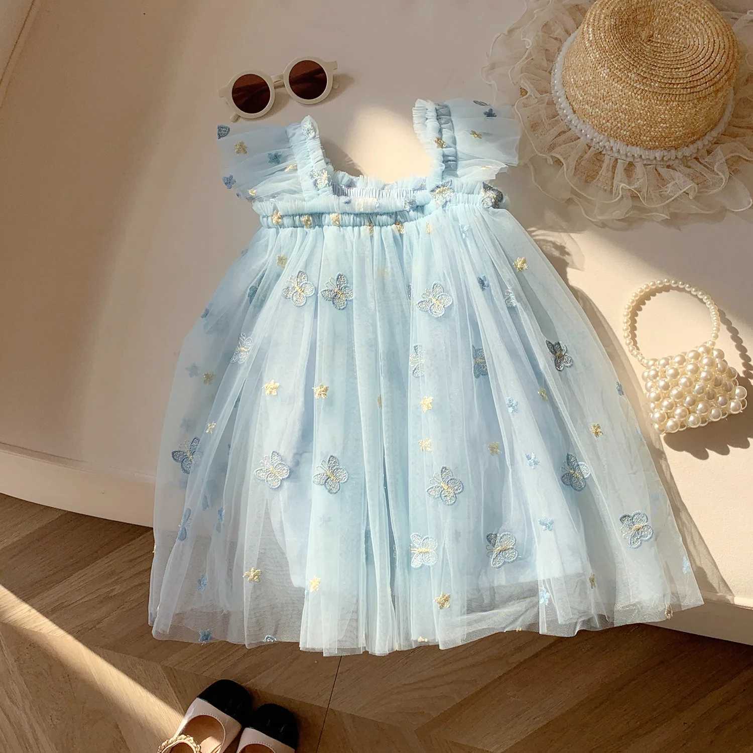 Summer New Baby Girls Pink Dress Casual Costume for 2025 Birthday Princess Party Dress Embroidered Butterfly Mesh Toddler Dress X250528