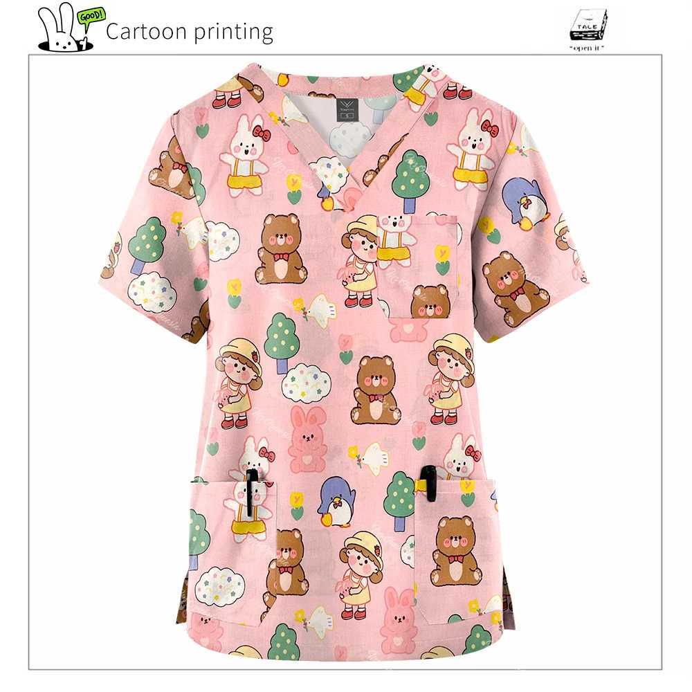 Spring/Summer New European And American Pullover Cartoon Printing Nurse Hospital Work Clothes V-neck Tops Pocket Casual T-shirts X2505281