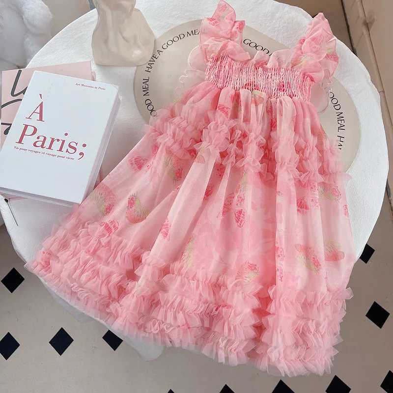 Summer Girl Pink Dress with Wing Elegant Princess Tutu Dresses Stretch Bust Full Printing Butterfly Fluffy Birthday Ball Gown X2505281