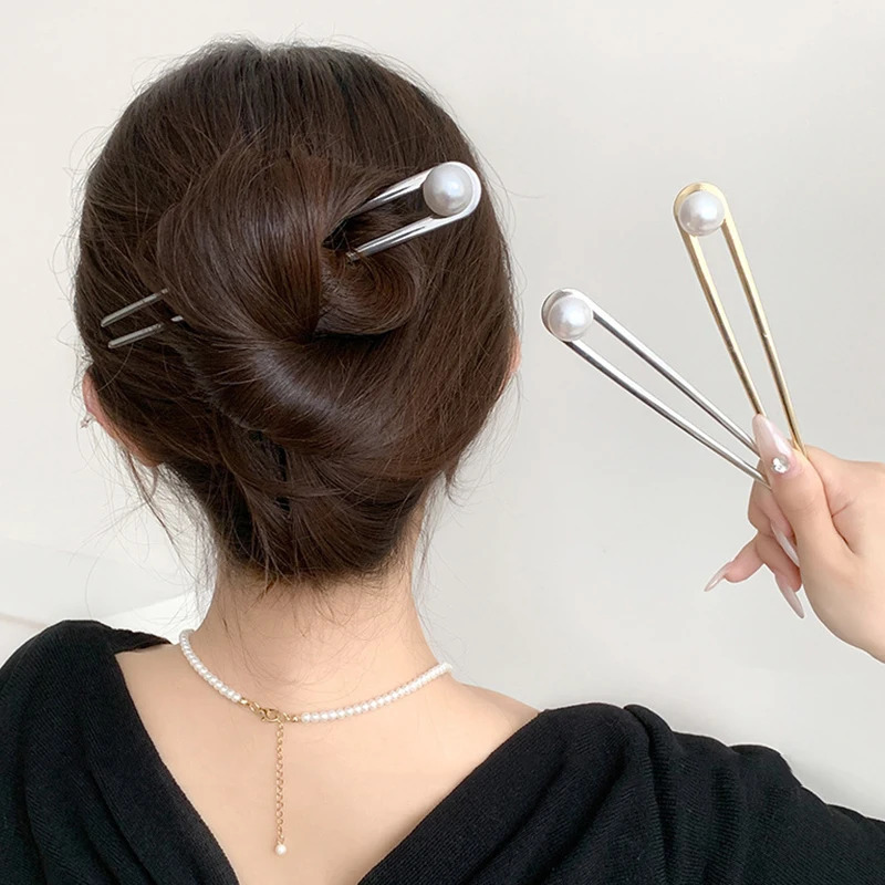 Simple Pearl Hair Sticks Elegant UShape Metal Hairpins for Women Girls Fashion Bun Styling Tools Accessories 250519