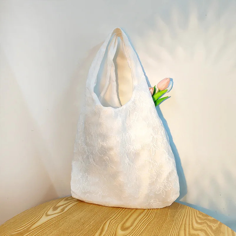Lace Flowers Women Shoulder Bag Thin Polyester Ladies Shopping Handbags Solid Color Girs Book Bags Casual Female Travel Tote 250527