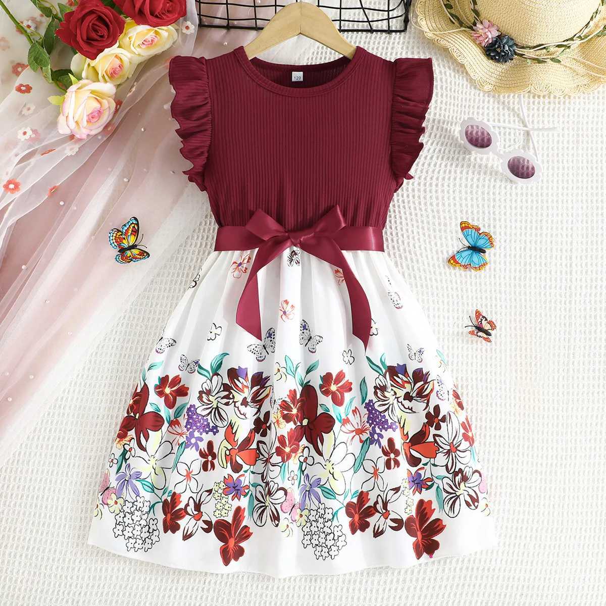 Full Printing Patchwork Casual Dress for Kids Girl Knitting One Piece Printed Flower Dresses Summer Girls Dresses Daily Clothing X250528