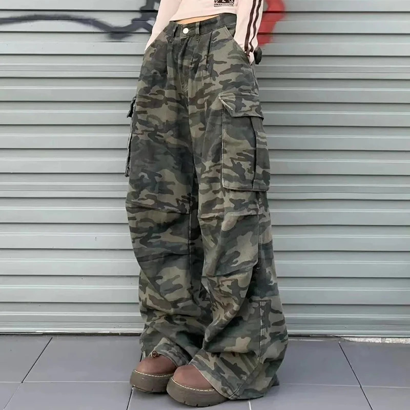 Women Y2K Camouflage Cargo Jeans Vintage High Waist Hip Hop Wide Leg Pants Female Street Wear Baggy Straight Denim Trouser 250526