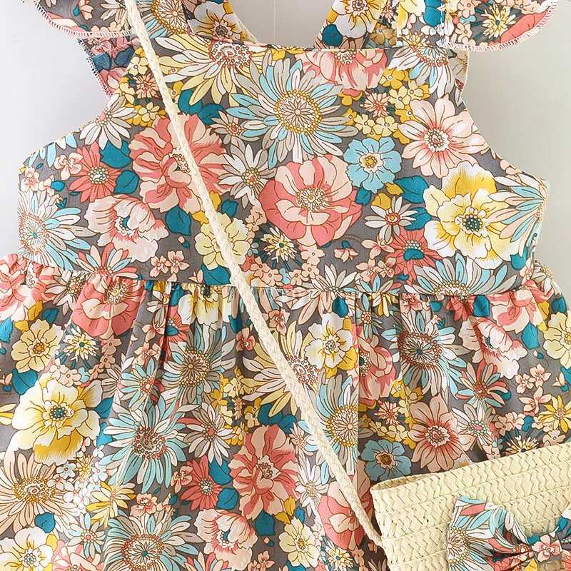 2 Pcs Summer New Baby Girl Dress Fashionable Floral Fly Sleeve Cotton Dress with Crossbody Bag Suitable for Babies Aged 0-3 X250528