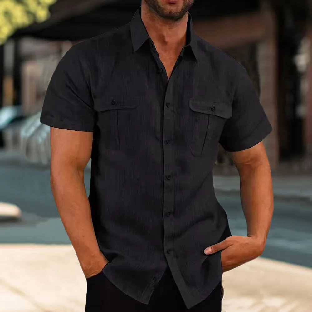 Mens Double Pocket Cotton Linen Shirt Short Sleeve Casual Solid Color Shirts for Men Breathable Holiday Beach Trendy Shirt 250527