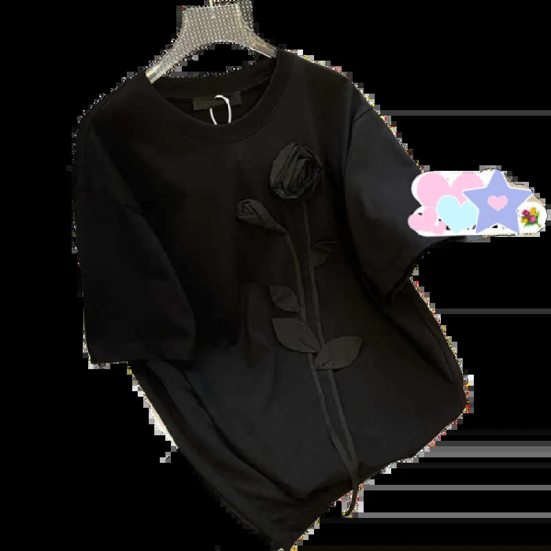 French Romantic Black Rose 3D Patch Womens Tshirt Plus Size Vintage Chic Art Aesthetics Top 2024 Summer Streetwear Y2k Tee 250519