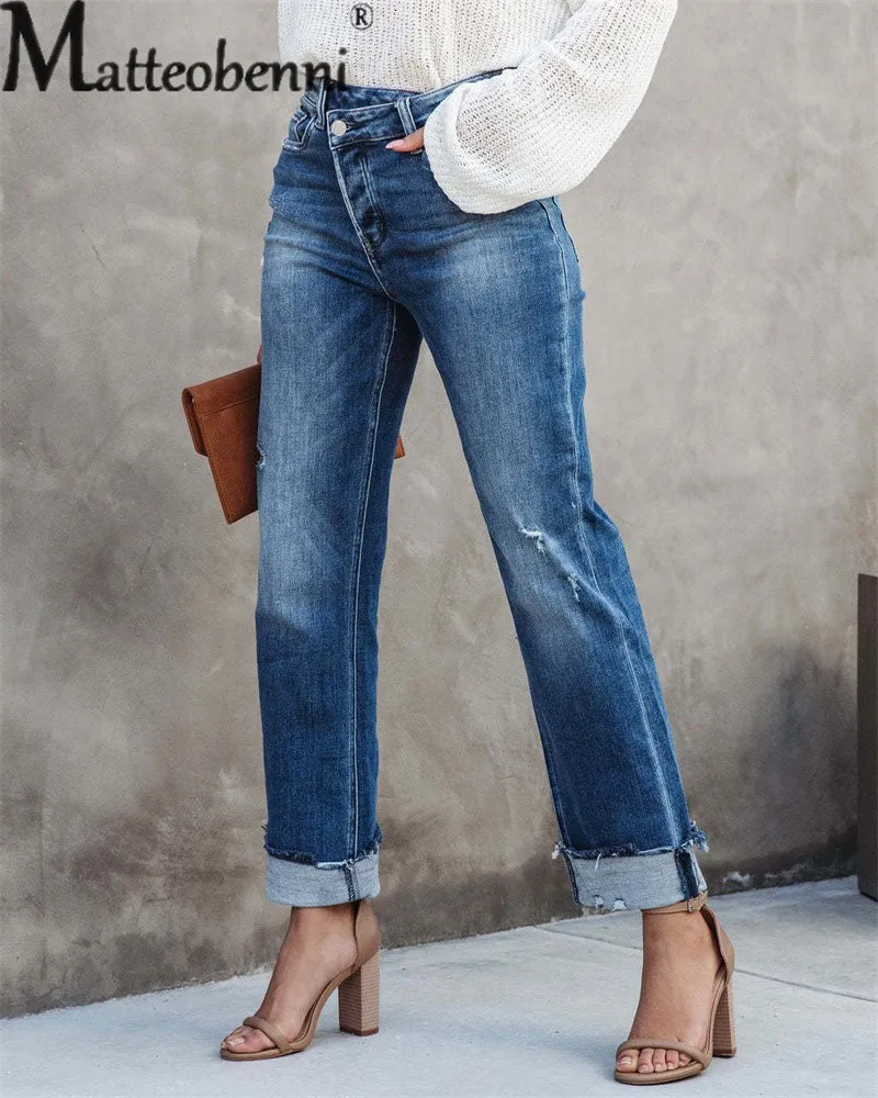 Women Mid Waist Slant Button Splicing Straight Jeans Fashion Broken Holes Denim Pants Female Urban Casual Trousers 250516Z