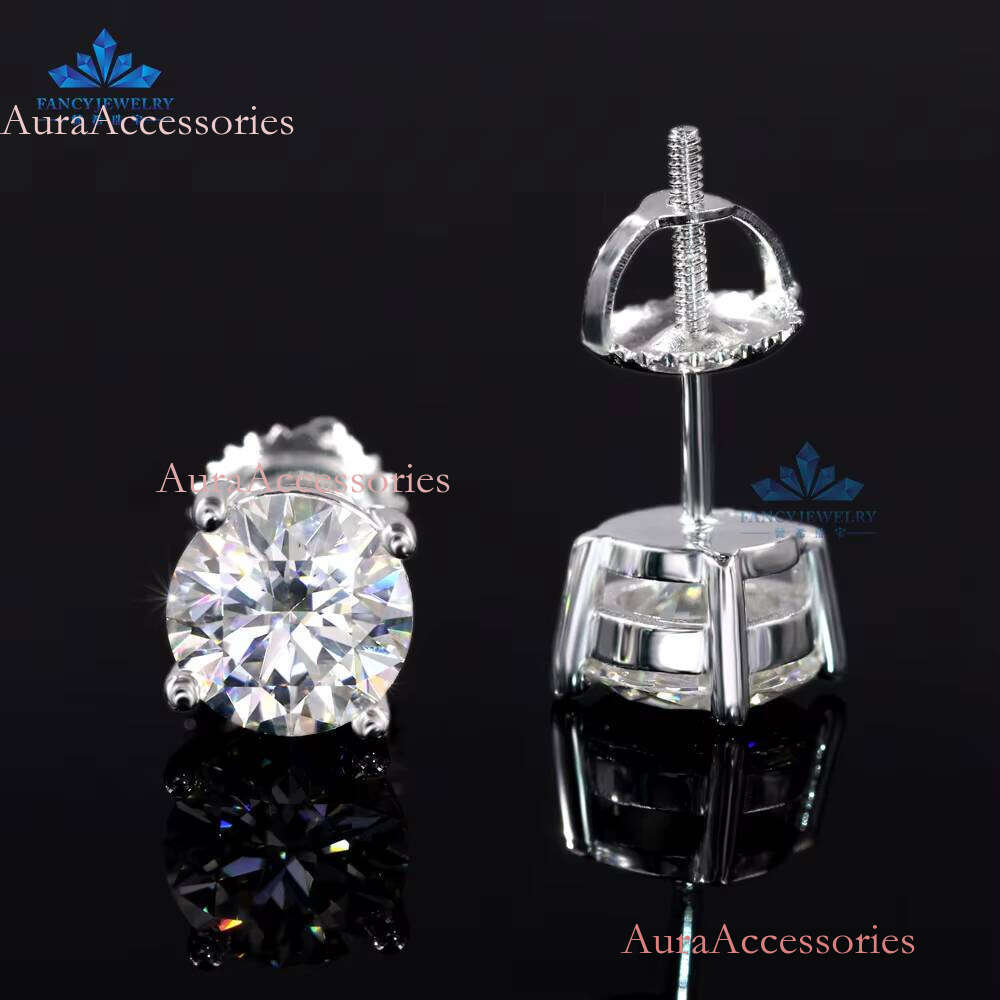 Mossanite Jewelry Classic 4 Claws Sterling Sier Screw Back Stud Moissanite Earrings 1ct 2ct for Men Women