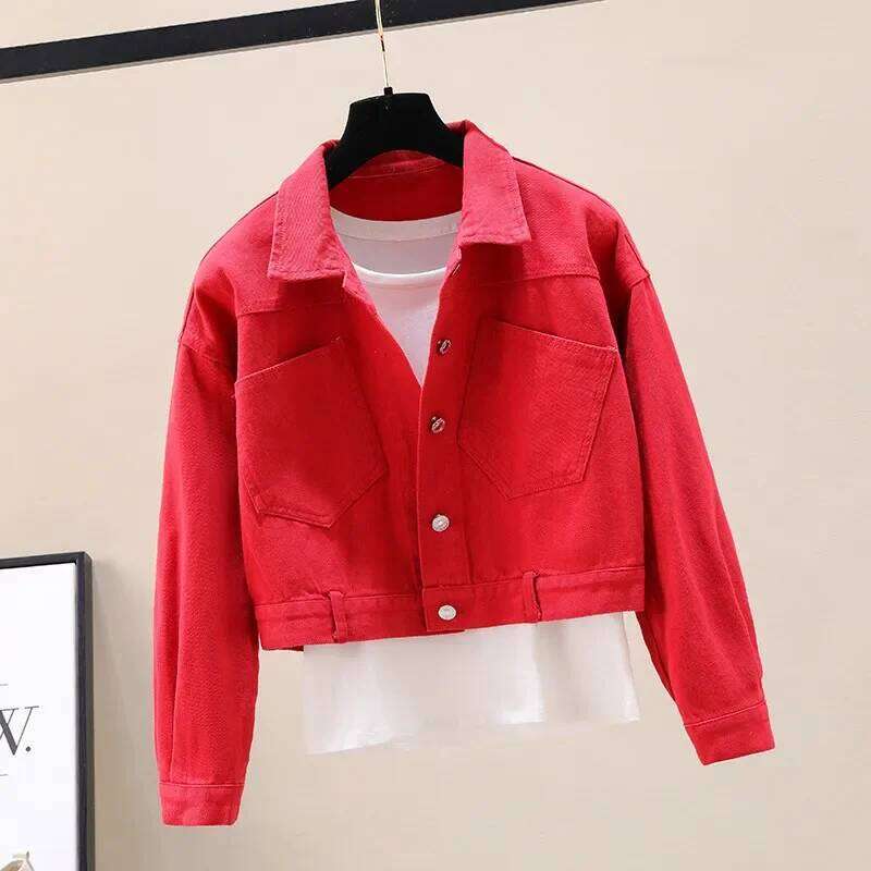 Women's Wear Green Red Yellow Purple Denim Jackets Women Loose Casual Short Cowboy Outerwear Big Pocket Batwing Sleeve Jeans Jacket Female