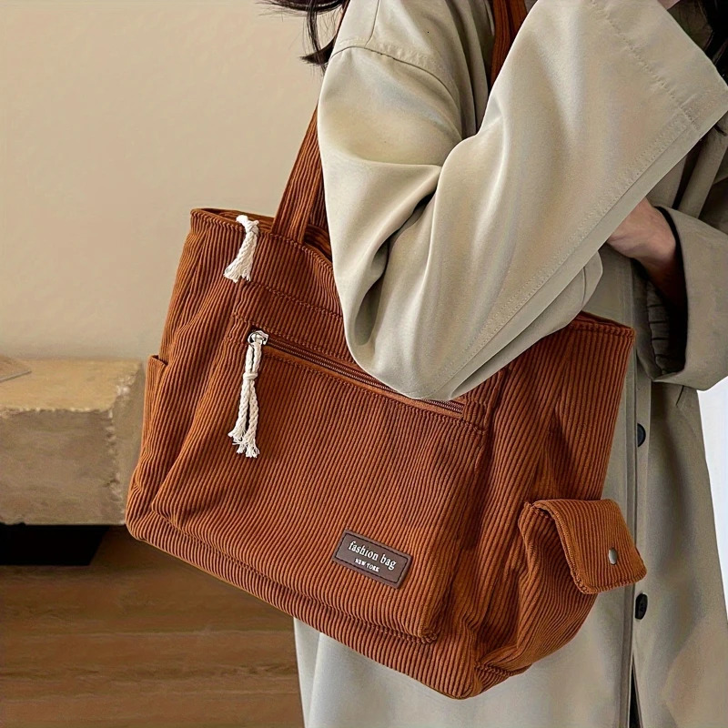 Simple Corduroy Tote Bag Solid Color Shoulder Bag Retro Multi Pockets Handbag For School Work Shopping 250523