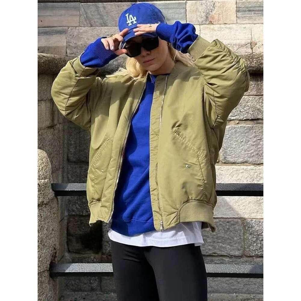 ZBZA Women's Spring Autumn Round Neck Loose Bomber New Oblique Pocket Zipper Oversized Jacket Coat Chic Female Outerwear