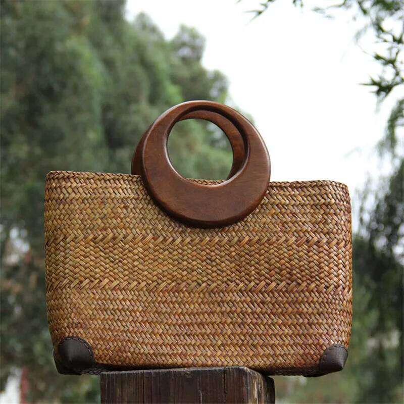 Straw Rattan Wooden Handle Retro Woven Bucket Large Vacation Beach Bag