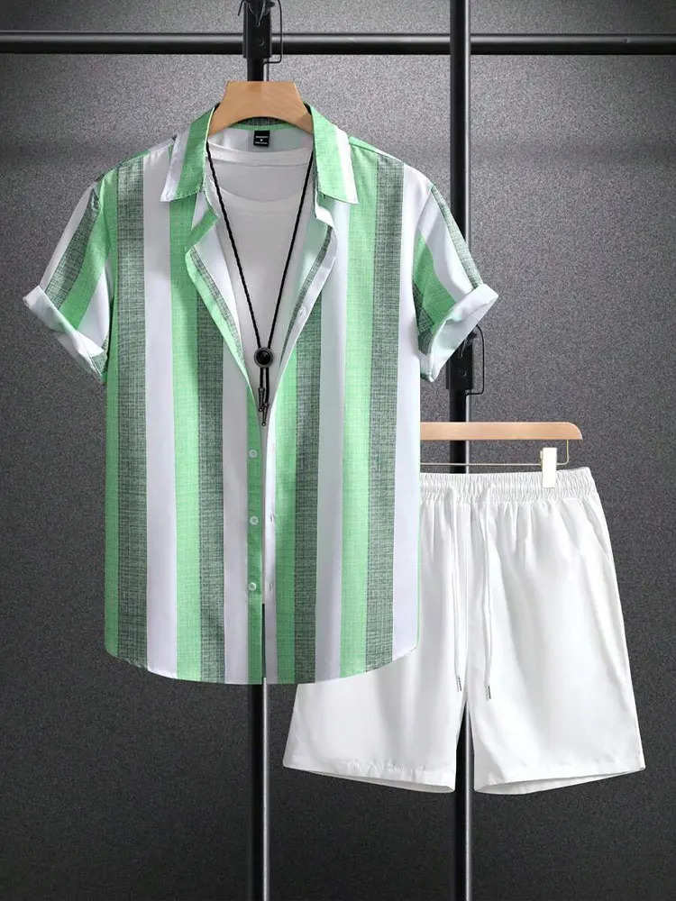 Summer Mens Shirt Shorts Twopiece Set Striped Printed Casual Suit Men Short Sleeve Street Hawaiian Beach Outfits 250520Z