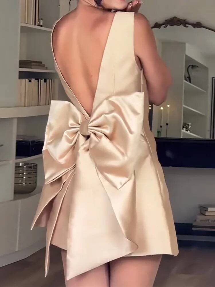 Summer Women Bow Patchwork Chic Mini Backless Square Collar Simple Party Dress, New Fashion Sleeveless Sweet Ladies Dress