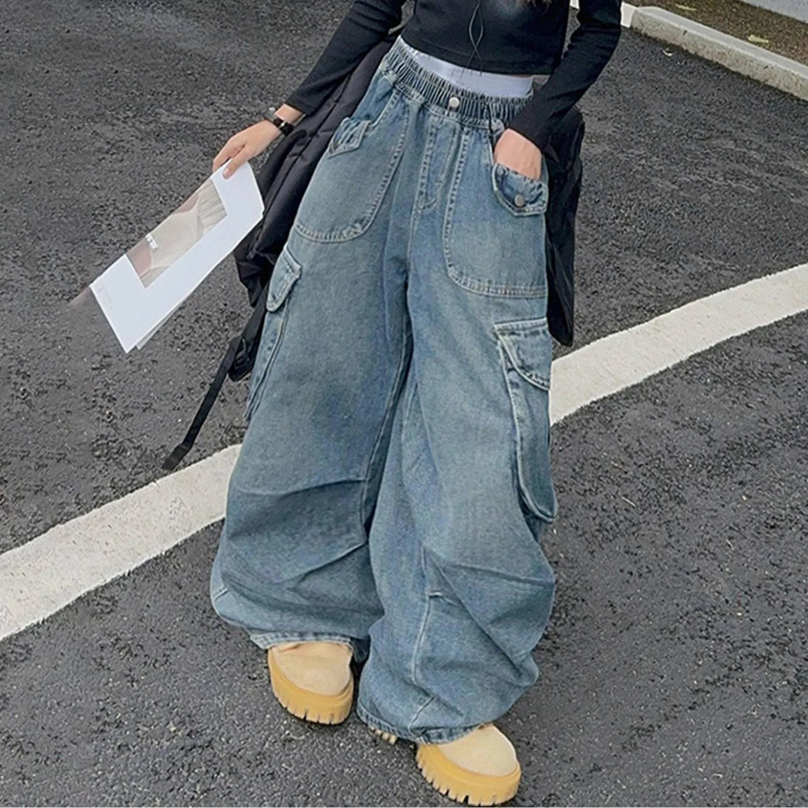 Girls Big Pocket Jeans Fashion Casual Workwear Wide Leg Pants Spring Summer Children Daily Comfy Oversized Trousers Kids Bottom 250528