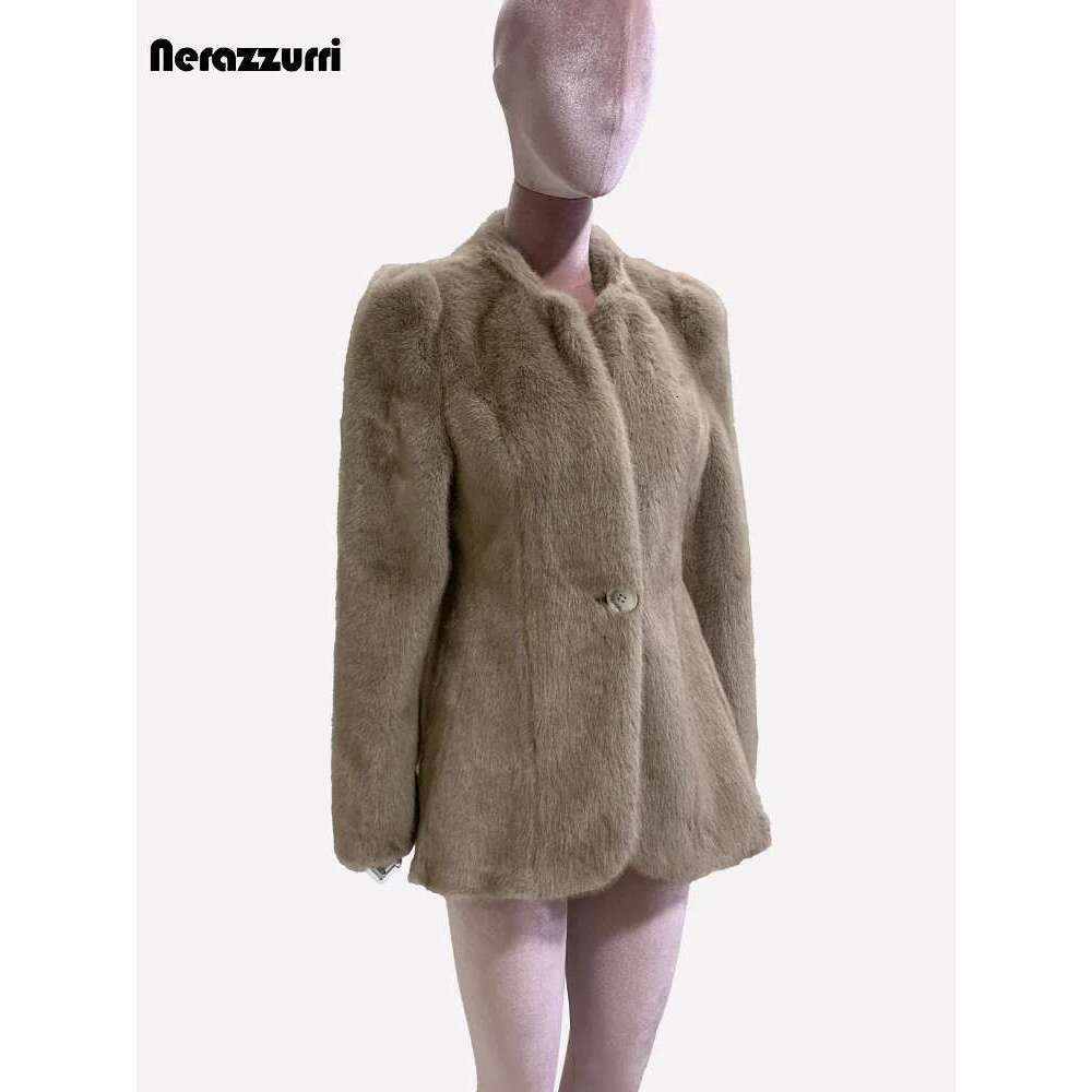 Nerazzurri Autumn Winter Elegant Chic Short Fitted Faux Fur Blazer Women Single Button Puff Sleeve Fluffy Jacket 2024