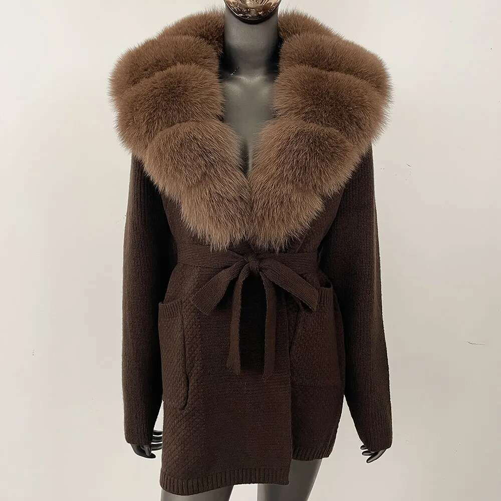 Knitting Cardigan Women Winter Real Fox Coat Long Sleeve Fashion Warm Female Hooded Natural Raccoon Fur Jacket Outwear