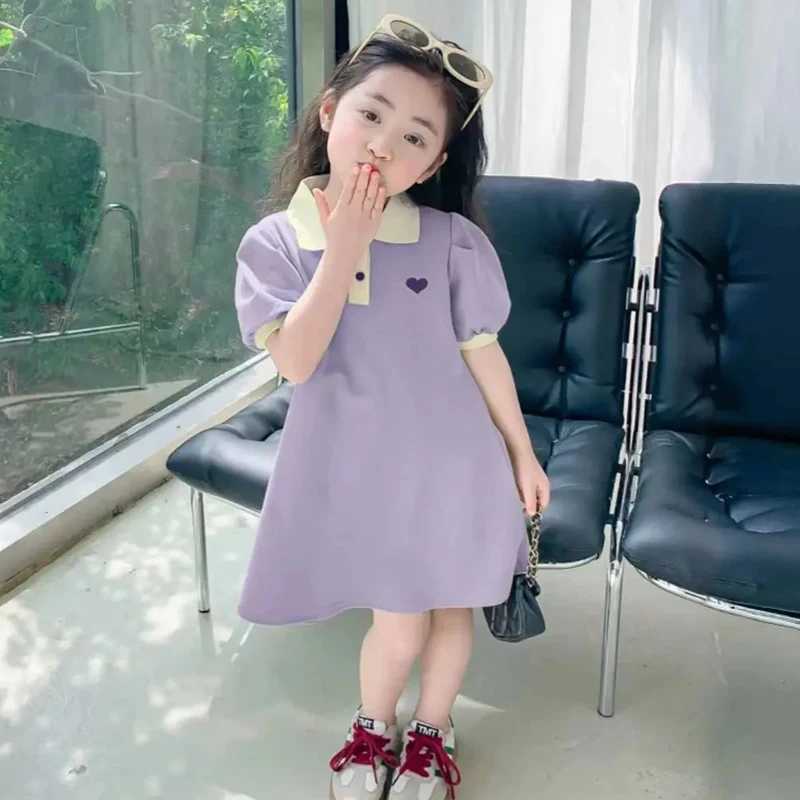 Summer New Girls Princess Dress Solid Color Heart Embroidery Pattern Lapel Collar Dress For 2-12 Years Teen Kids Casual Dress X250528