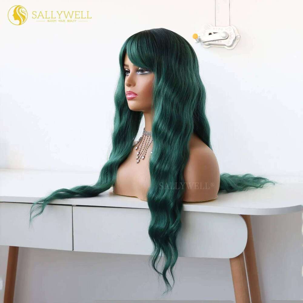 Long Wavy With Bangs Heat Resistant Synthetic Fiber Ombre Green Dark Roots Loose Curly Wave Wig