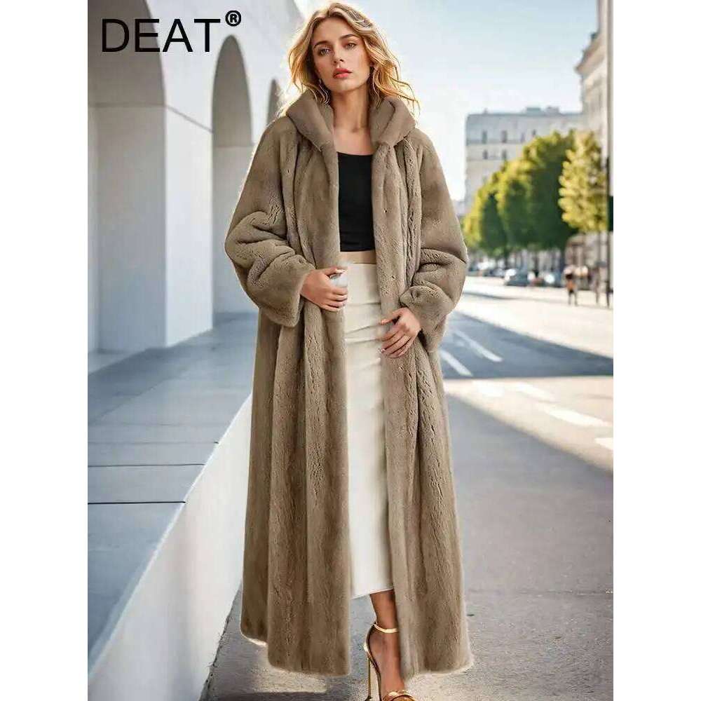 DEAT Fashion Hooded Imitation Mink Coat Women's Loose Sleeves Thick Plush Long Faux Fur Coats Winter 2024 New 7AB6366