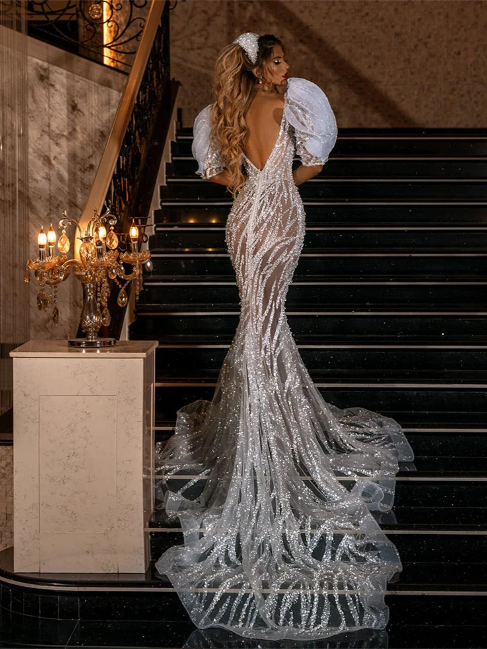 Sexy Mermaid Wedding Dress Sheer Neck Short Sleeves Bridal Gowns Sequins See Through Sweep Train Dresses Custom Made vestidos de novia