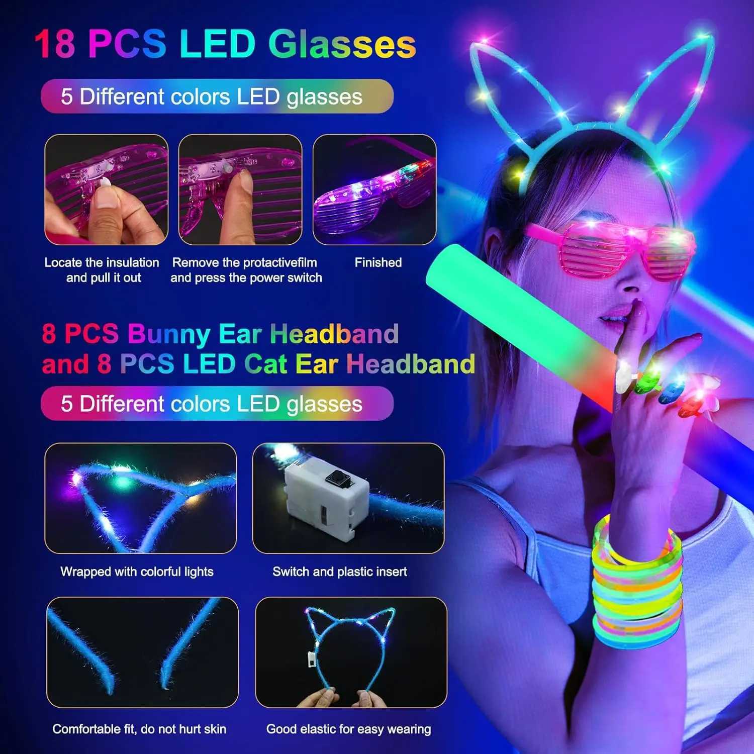 282 Pcs Neon Party Supplies 18 Foam Sticks 18 LED Glasses 200 Glow Sticks 30 Finger Lights 8 Bunny 8 Cat Ear Headbands W250528