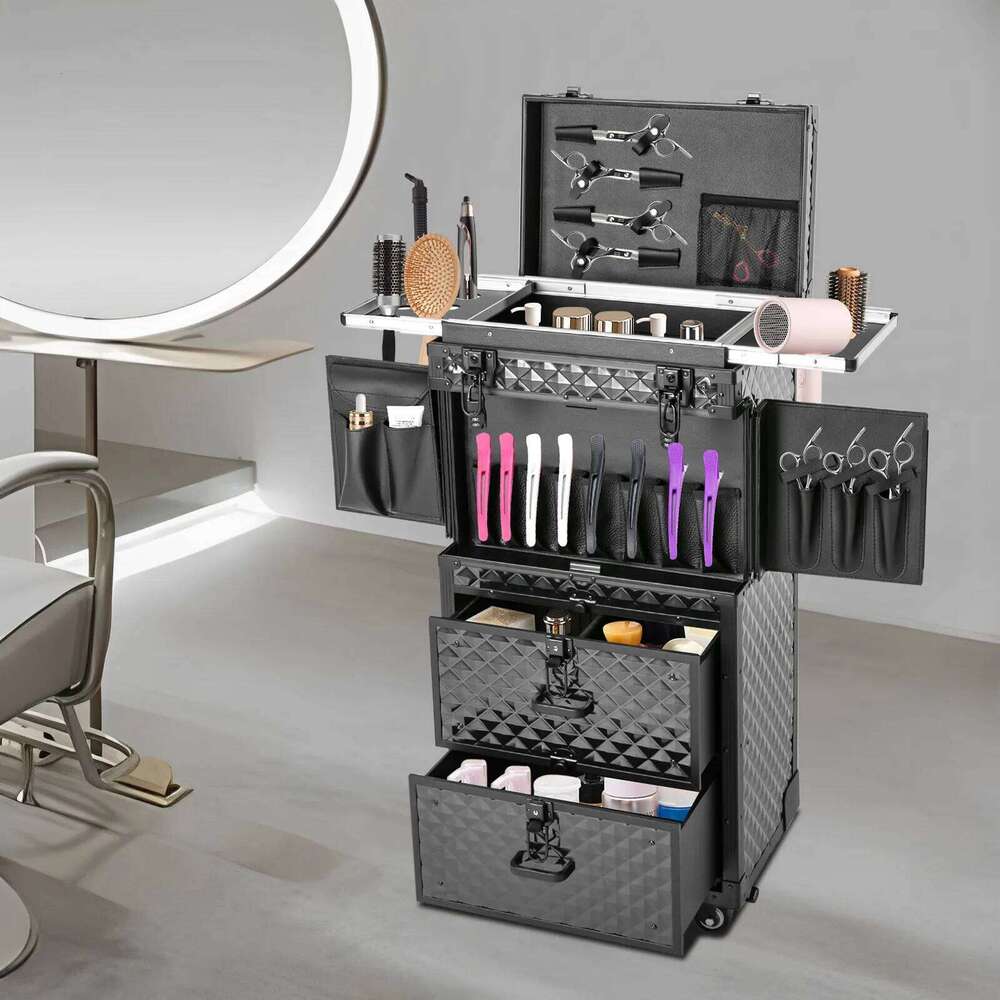 Professional Makeup Train Case, Multi-Layer Storage, Secure Locks, Stylish Black Design