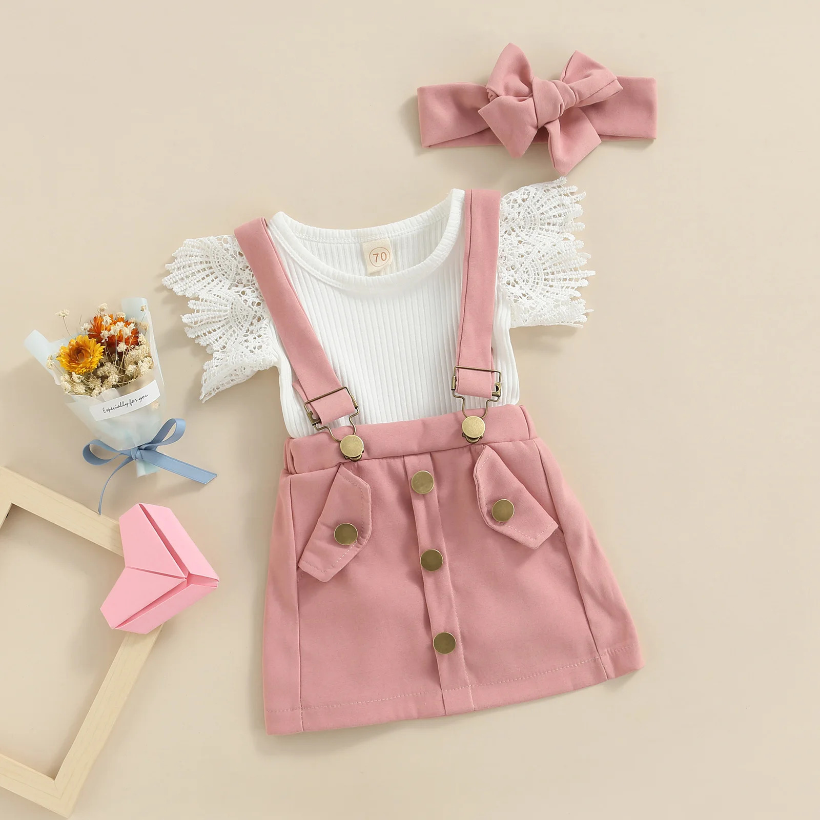 Citgeett Summer Infant Baby Girls Outfit Sets White Flying Sleeve Ribbed Romper Solid Suspender Skirt Headband Clothes 250528