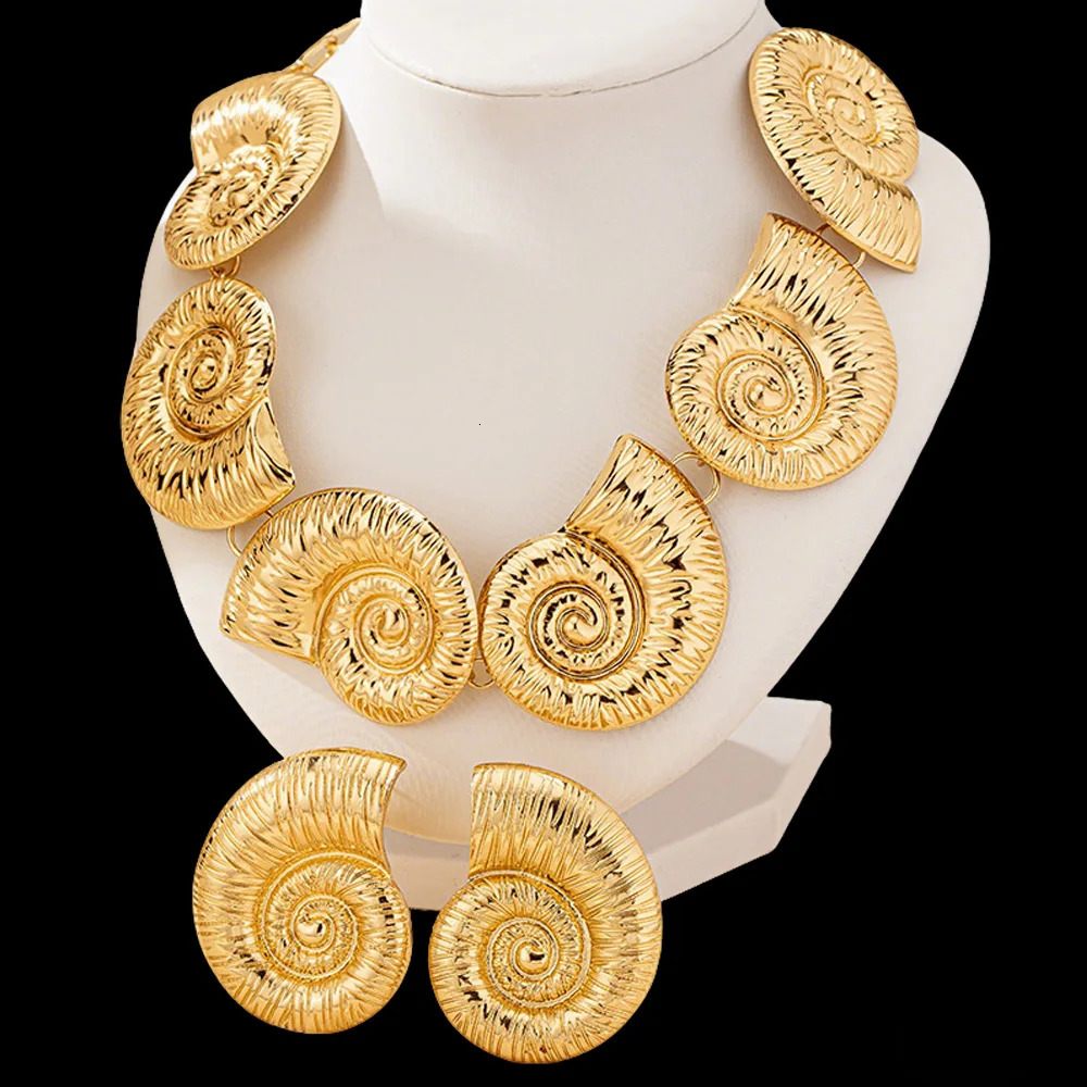 Big Dubai African Woman Jewelry Set Gold Plated Earrings Necklace Lady Copper Snail Shell Fashion Wedding Party Gift 250527