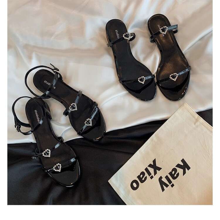Instant Dispatch Grape Mom Style Shoes Round Toe Double Strap Heart Diamond Buckle Chunky Heel Flat Sandals for Women Summer